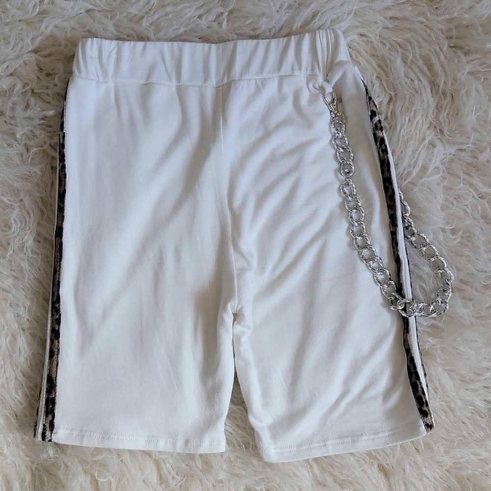 NEW! Dolls Kill OMighty Icy Chain Biker Shorts with Leopard Stripes White Small